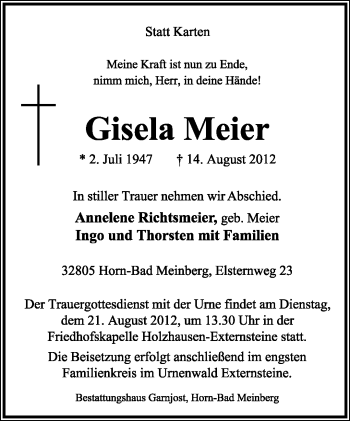 Anzeige  Giesela Meier  Lippische Landes-Zeitung