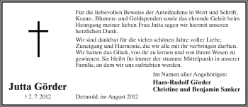 Anzeige  Jutta Görder  Lippische Landes-Zeitung