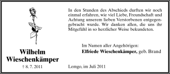 Anzeige  Wilhelm Wieschenkämper  Lippische Landes-Zeitung
