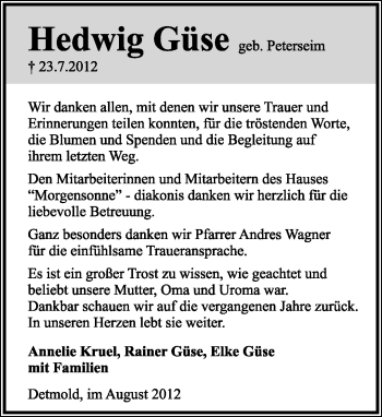 Anzeige  Hedwig Güse  Lippische Landes-Zeitung