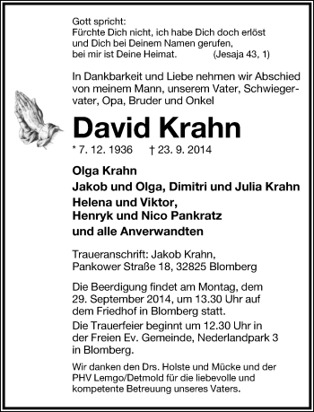 Anzeige  David Krahn  Lippische Landes-Zeitung