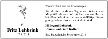 Anzeige  Fritz Lehbrink  Lippische Landes-Zeitung