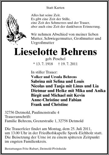 Anzeige  Lieselotte Behrens  Lippische Landes-Zeitung