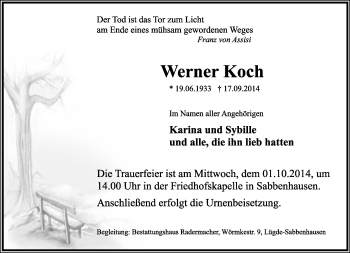 Anzeige  Werner Koch  Lippische Landes-Zeitung