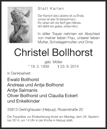 Anzeige  Christel Bollhorst  Lippische Landes-Zeitung