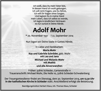 Anzeige  Adolf Mohr  Lippische Landes-Zeitung