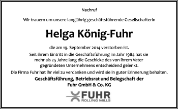Anzeige  Helga König-Fuhr  Lippische Landes-Zeitung