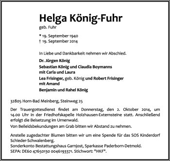 Anzeige  Helga König-Fuhr  Lippische Landes-Zeitung