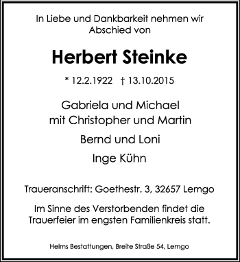 Anzeige  Herbert Steinke  Lippische Landes-Zeitung
