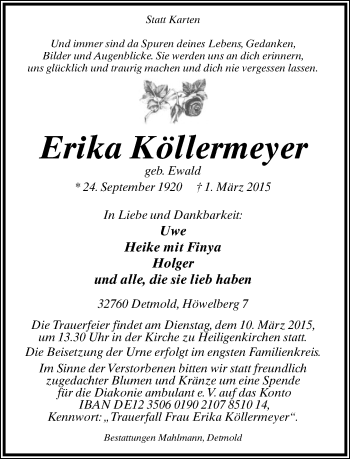 Anzeige  Erika Köllermeyer  Lippische Landes-Zeitung