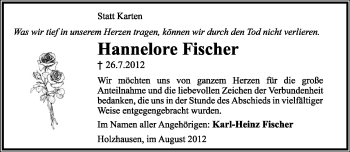 Anzeige  Hannelore Fischer  Lippische Landes-Zeitung