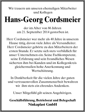 Anzeige  Hans-Georg Cordsmeier  Lippische Landes-Zeitung