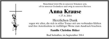 Anzeige  Anna Krause  Lippische Landes-Zeitung