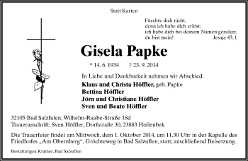 Anzeige  Gisela Papke  Lippische Landes-Zeitung