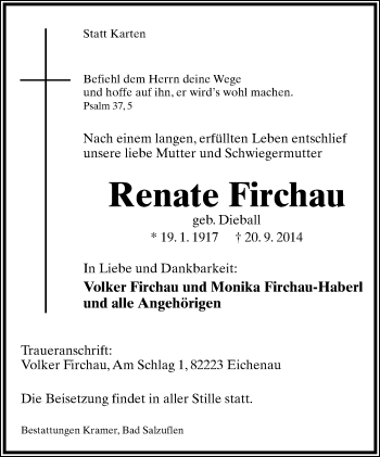 Anzeige  Renate Firchau  Lippische Landes-Zeitung