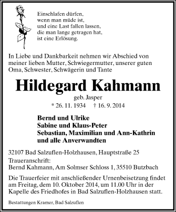 Anzeige  Hildegard Kahmann  Lippische Landes-Zeitung