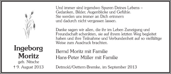 Anzeige  Ingeborg Moritz  Lippische Landes-Zeitung
