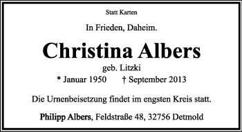 Anzeige  Christina Albers  Lippische Landes-Zeitung