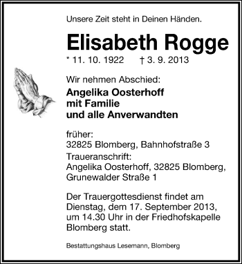 Anzeige  Elisabeth Rogge  Lippische Landes-Zeitung