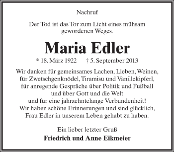 Anzeige  Maria Edler  Lippische Landes-Zeitung
