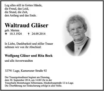Anzeige  Waltraud Gläser  Lippische Landes-Zeitung