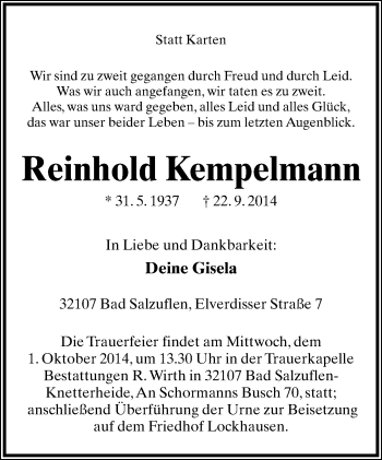 Anzeige  Reinhold Kempelmann  Lippische Landes-Zeitung