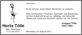 Anzeige  Herta Tölle  Lippische Landes-Zeitung