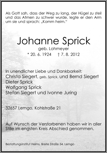 Anzeige  Johanne Sprick  Lippische Landes-Zeitung
