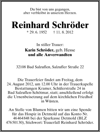 Anzeige  Reinhard Schröder  Lippische Landes-Zeitung