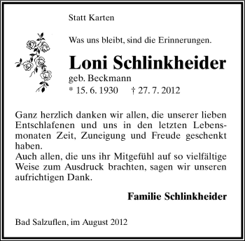 Anzeige  Loni Schlinkheider  Lippische Landes-Zeitung