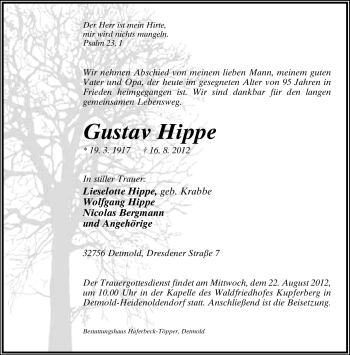 Anzeige  Gustav Hippe  Lippische Landes-Zeitung