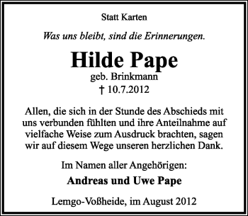 Anzeige  Hilde Pape  Lippische Landes-Zeitung