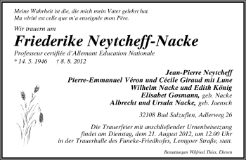 Anzeige  Friederike Neytcheff-Nacke  Lippische Landes-Zeitung
