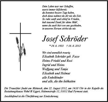 Anzeige  Josef Schröder  Lippische Landes-Zeitung