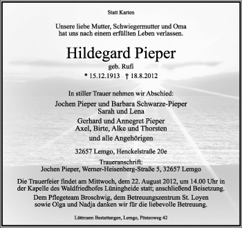 Anzeige  Hildegard Pieper  Lippische Landes-Zeitung