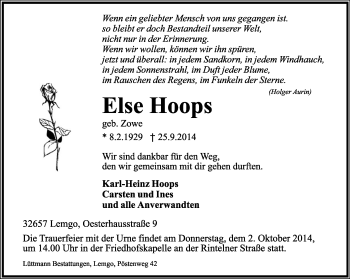 Anzeige  Else Hoops  Lippische Landes-Zeitung