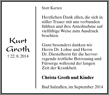 Anzeige  Kurt Groth  Lippische Landes-Zeitung
