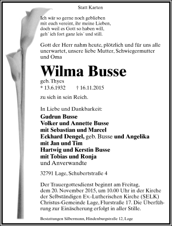 Anzeige  Wilma Busse  Lippische Landes-Zeitung