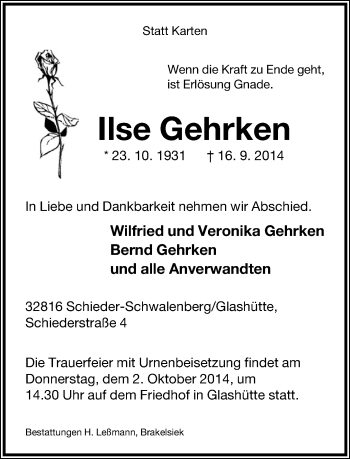 Anzeige  Ilse Gehrken  Lippische Landes-Zeitung