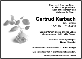 Anzeige  Gertrud Karbach  Lippische Landes-Zeitung