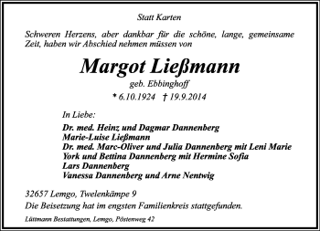 Anzeige  Margot Ließmann  Lippische Landes-Zeitung