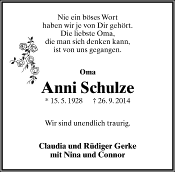 Anzeige  Anni Schulze  Lippische Landes-Zeitung