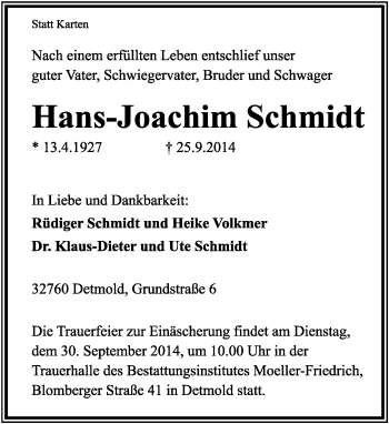 Anzeige  Hans-Joachim Schmidt  Lippische Landes-Zeitung