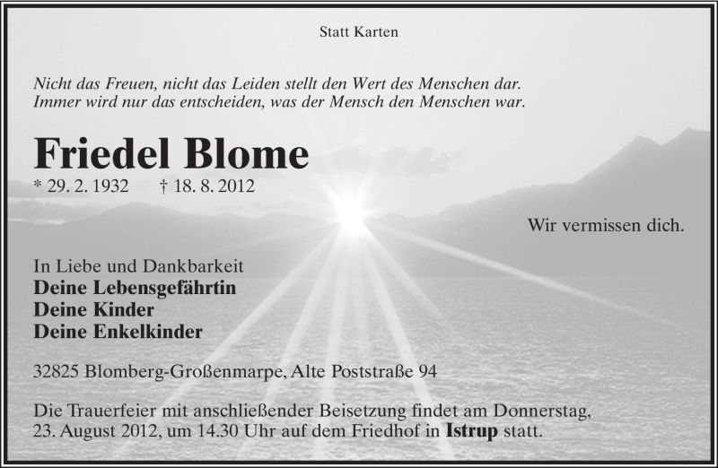  Traueranzeige für Friedel Blome vom 21.08.2012 aus Lippische Landes-Zeitung