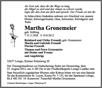 Anzeige  Martha Gronemeier  Lippische Landes-Zeitung