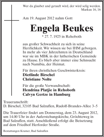 Anzeige  Engela Beukes  Lippische Landes-Zeitung