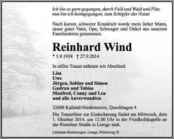 Anzeige  Reinhard Wind  Lippische Landes-Zeitung