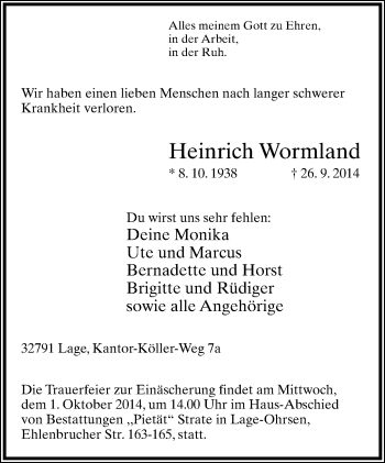 Anzeige  Heinrich Wormland  Lippische Landes-Zeitung