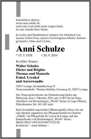 Anzeige  Anni Schulze  Lippische Landes-Zeitung