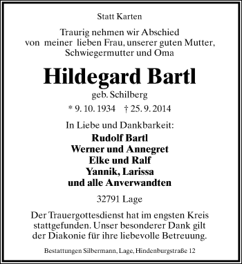Anzeige  Hildegard Bartl  Lippische Landes-Zeitung